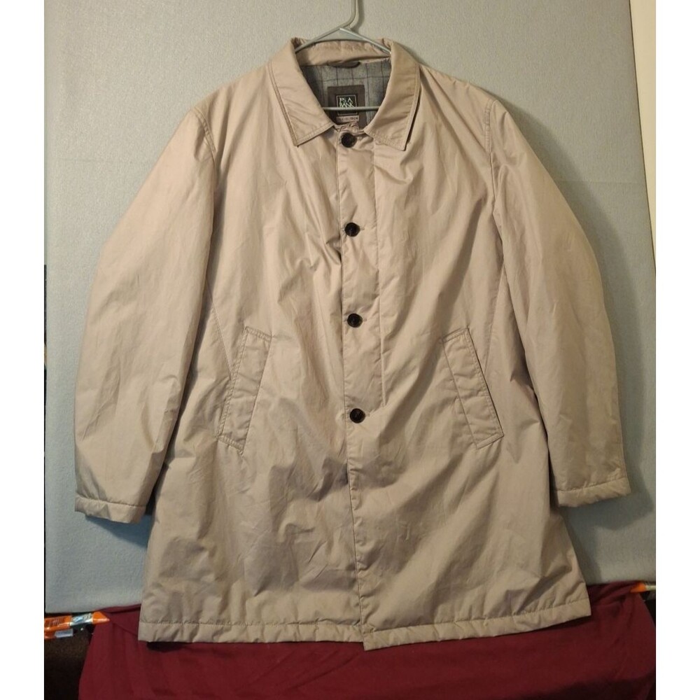 Jos A Bank Travel Tech Men’s XL Beige Tan Trench Coat Rain Jacket Plaid Lining